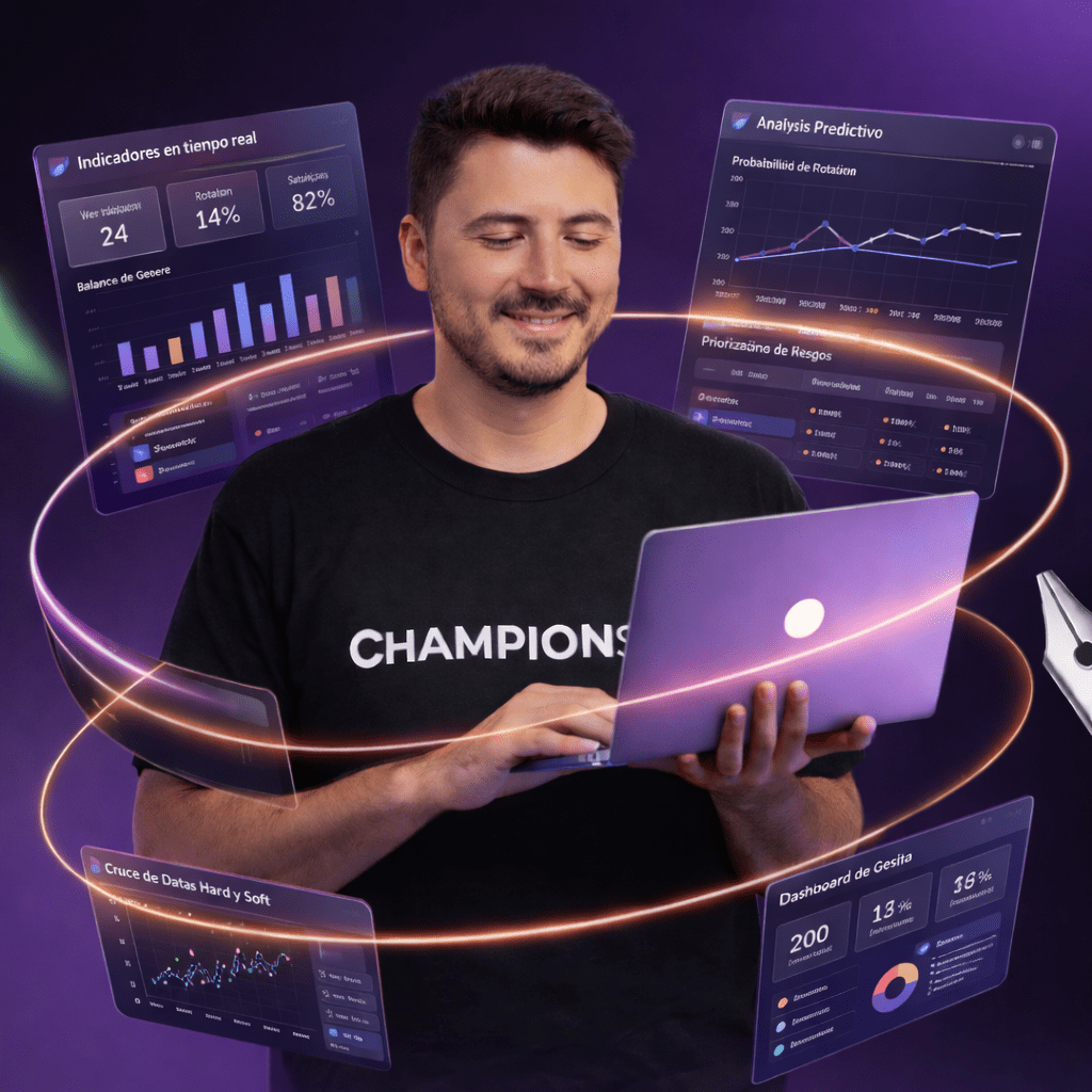 Especialista en recursos humanos analizando dashboards de analítica predictiva e inteligencia artificial aplicadas a sistemas de gestión de talento